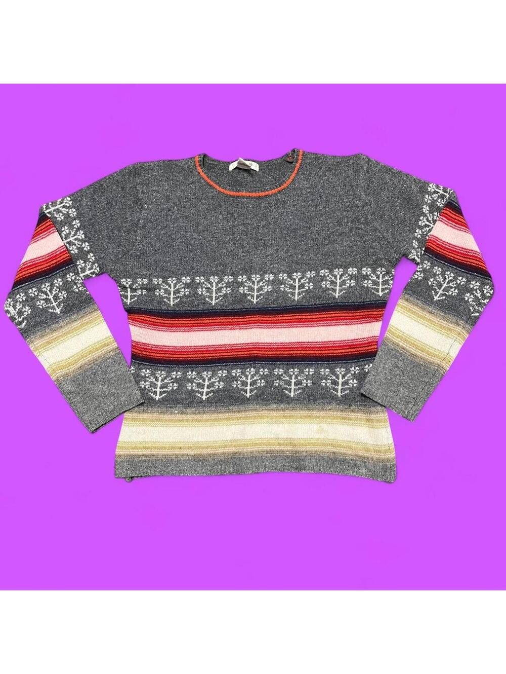 Free people grey sweater with red stripes and flower pattern